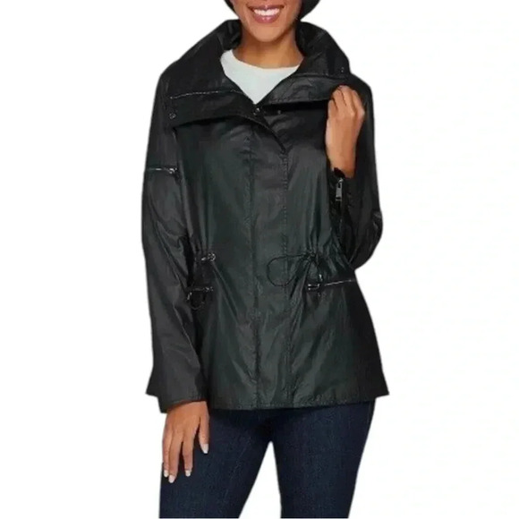 G.I.L.I. Coated Cotton Black Anorak Jacket High Collar Pockets Zippers Lined S - Picture 1 of 9